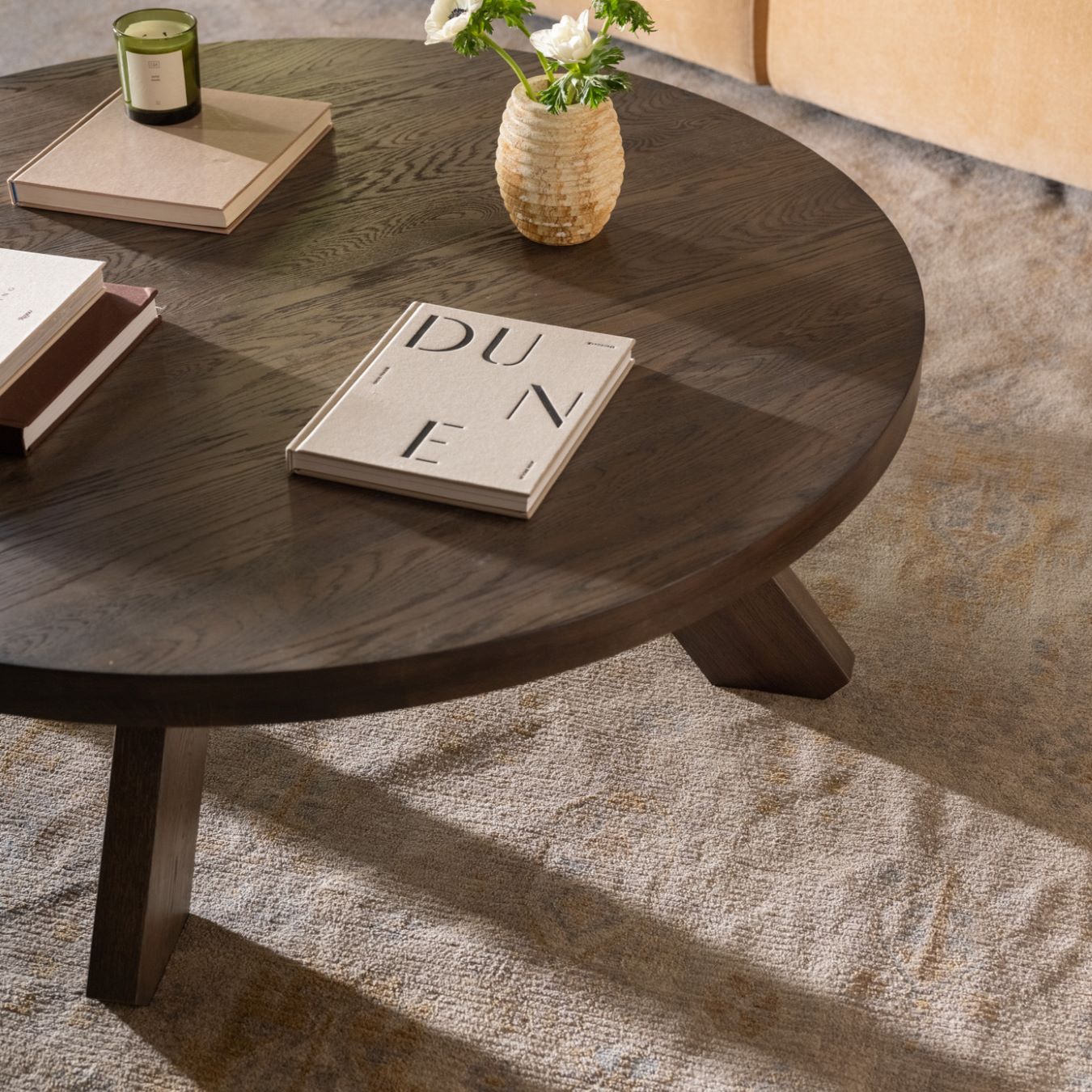 Moe’s Alden cool brown coffee table lifestyle detail view