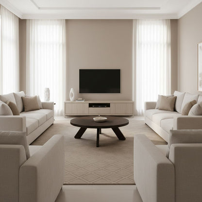Moe’s Alden cool brown coffee table styled living room view