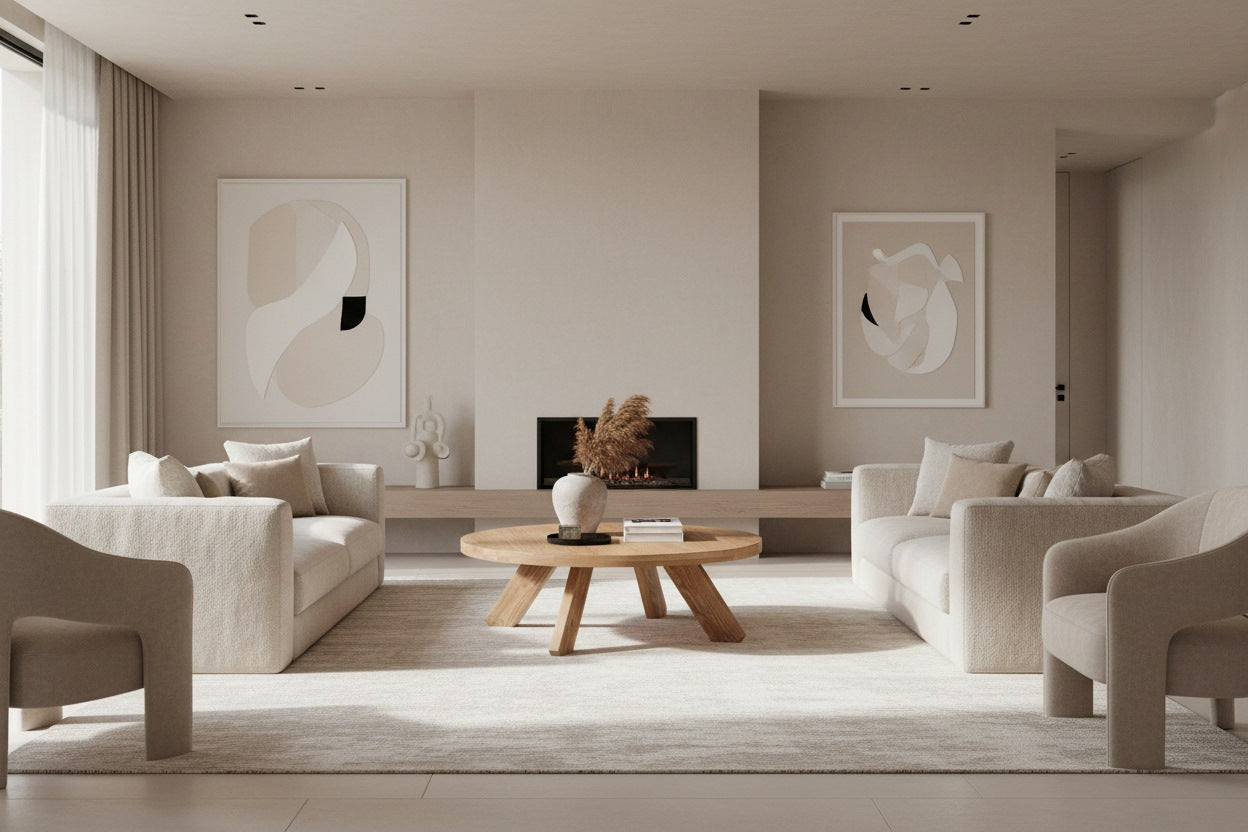 Moe’s Alden round coffee table styled living room view