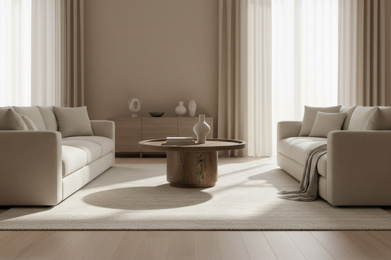 Moe’s Cohen brown solid oak coffee table styled living room view