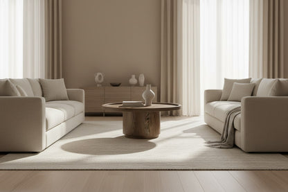 Moe’s Cohen brown solid oak coffee table styled living room view