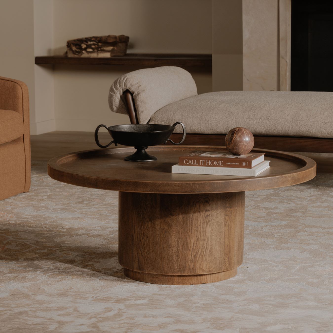 Moe’s Cohen brown solid oak coffee table lifestyle close up