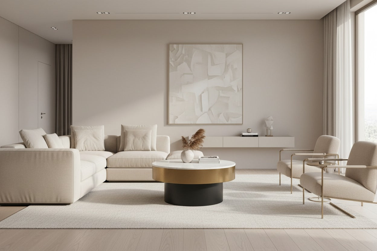 Moe’s Dado white marble brass coffee table styled living