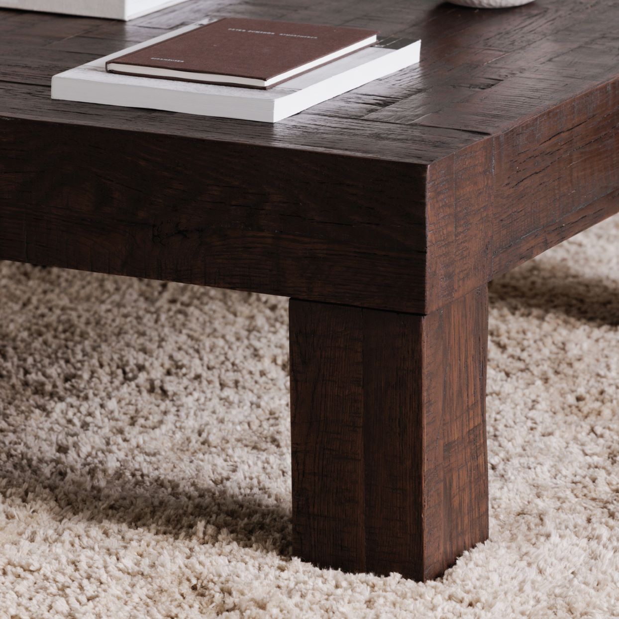 Moe’s Evander Rustic Brown coffee table lifestyle detail view