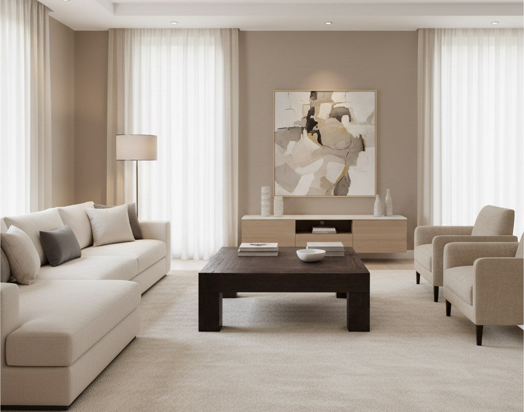Moe’s Evander Rustic Brown coffee table styled living room view
