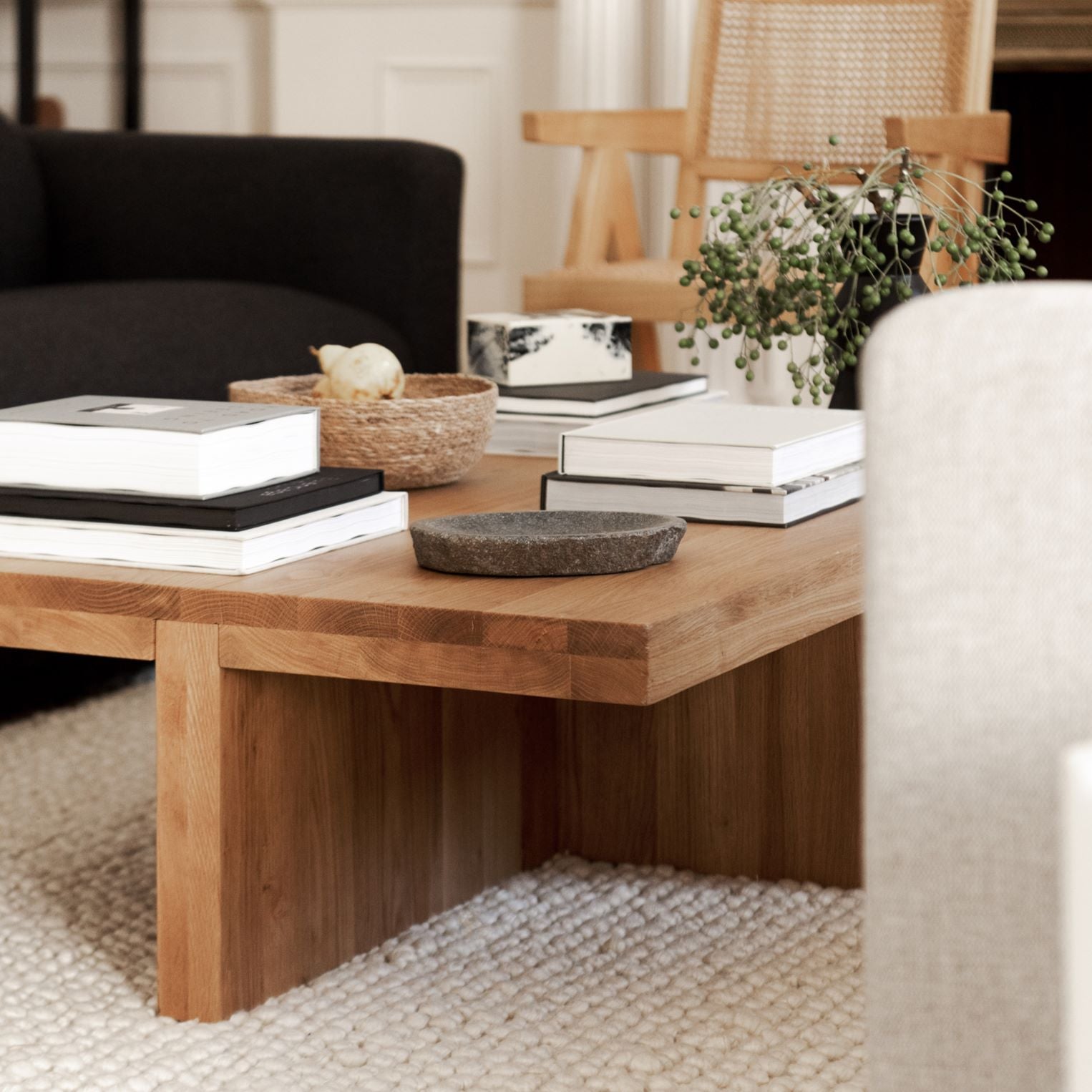 Moe’s Folke natural solid oak coffee table lifestyle close up
