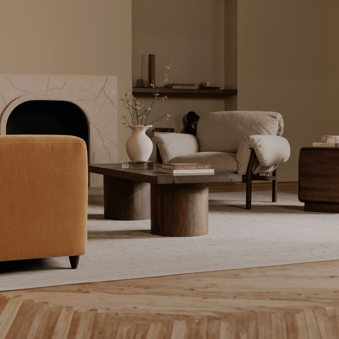 Moe’s Hadley coffee table warm brown lifestyle detail view