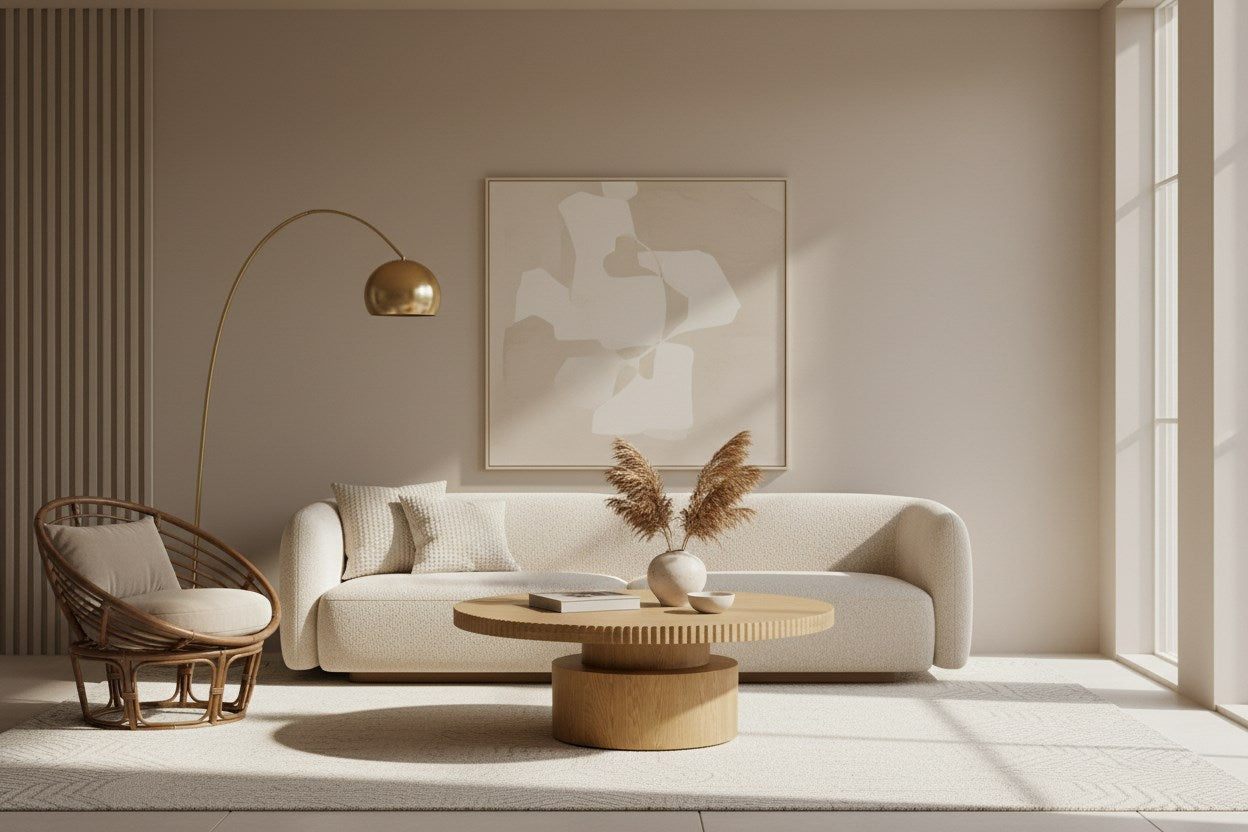 Moe’s Leigh Brown Oak coffee table styled living room