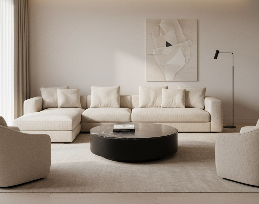 Moe’s Ritual black marble coffee table styled living room view