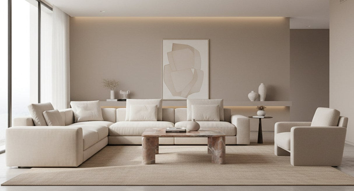 Moe’s Segment coffee table styled living room view